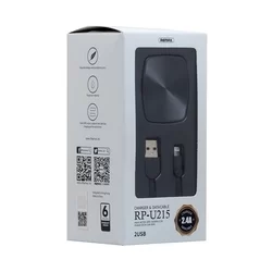 Telefon töltő Remax RP-U215 2 USB fekete hálózati töltőfej EU 2.4A + Lightning adatkábel-1