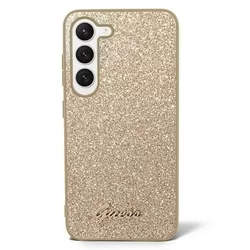 Telefontok Samsung Galaxy S23 - Guess Glitter Flakes Metal Logo Hátlaptok - Arany-2