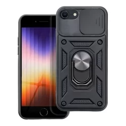 Telefontok iPhone SE3 (2022) - Camshield - fekete szilikon tok, kitámasztó ujjgyűrűvel, csúsztatható kameravédővel-1