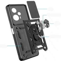Telefontok Xiaomi Poco F5 5G - Camshield - fekete szilikon tok, kitámasztó ujjgyűrűvel, csúsztatható kameravédővel-1