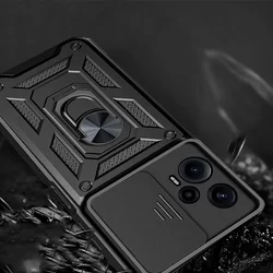 Telefontok Xiaomi Poco F5 5G - Camshield - fekete szilikon tok, kitámasztó ujjgyűrűvel, csúsztatható kameravédővel-2