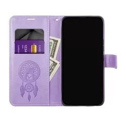 iPhone 15 Plus Telefontok - MEZZO bagoly mintás lila mágneses szilikon keretes könyvtok-1