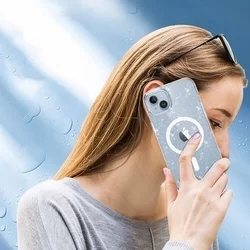 Telefontok iPhone 15 - Tech-Protect Flexair Hybrid - MagSafe kompatibilis átlátszó/csillámos műanyag hátlap tok, szilikon kerettel-3