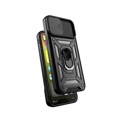 Telefontok iPhone 15 - Camshield - fekete szilikon tok, kitámasztó ujjgyűrűvel, csúsztatható kameravédővel-1