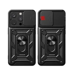 iPhone 15 Pro Max Telefontok - Camshield - fekete szilikon tok, kitámasztó ujjgyűrűvel, csúsztatható kameravédővel-1