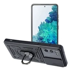 Telefontok Samsung Galaxy S20 FE - Camshield - fekete szilikon tok, kitámasztó ujjgyűrűvel, csúsztatható kameravédővel-1
