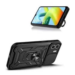 Xiaomi Redmi A1 Telefontok - Camshield - fekete szilikon tok, kitámasztó ujjgyűrűvel, csúsztatható kameravédővel-1