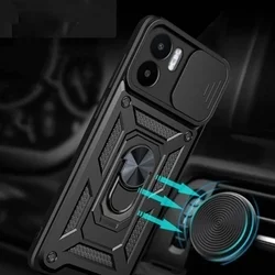 Xiaomi Redmi A1 Telefontok - Camshield - fekete szilikon tok, kitámasztó ujjgyűrűvel, csúsztatható kameravédővel-3