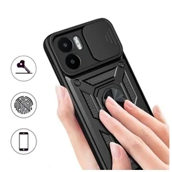 Xiaomi Redmi A2 Telefontok - Camshield - fekete szilikon tok, kitámasztó ujjgyűrűvel, csúsztatható kameravédővel-2