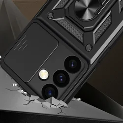 Telefontok Samsung Galaxy S24 - Camshield - fekete szilikon tok, kitámasztó ujjgyűrűvel, csúsztatható kameravédővel-3