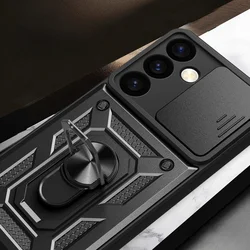 Telefontok Samsung Galaxy S24 - Camshield - fekete szilikon tok, kitámasztó ujjgyűrűvel, csúsztatható kameravédővel-7