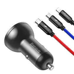 Autós töltő Baseus TZCCBX - autóstöltő + 3in1 kábel - (USB - Lightning / Type-C / MicroUSB) színes szövetkábel 4.8A, 1,2 m-4