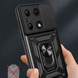 Telefontok Xiaomi Poco M6 Pro - Camshield - fekete szilikon tok, kitámasztó ujjgyűrűvel, csúsztatható kameravédővel-7