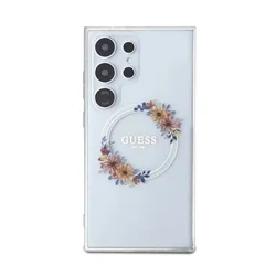 Telefontok Samsung Galaxy S24 Ultra - Guess Flowers Wreath - átlátszó, virágmintás MagSafe kompatibilis hátlap tok-1