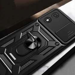 Telefontok Motorola Moto E13 - Camshield - fekete szilikon tok, kitámasztó ujjgyűrűvel, csúsztatható kameravédővel-5
