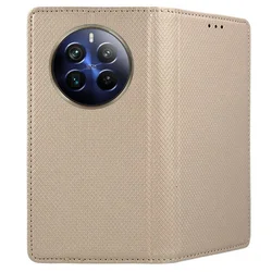 Realme 12 Pro+ 5G telefontok - arany mágneses szilikon keretes könyvtok-1