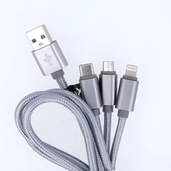 MaxLife - 3in1 kábel - USB - Lightning / Type-C / MicroUSB szürke szövet kábel 2,1A, 1m-1