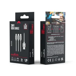 MaxLife - 3in1 kábel - USB - Lightning / Type-C / MicroUSB szürke szövet kábel 2,1A, 1m-2