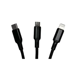 C171 - 3in1 kábel - USB - Lightning / Type-C / MicroUSB fekete szövet kábel 2,4A, 1,2m-2