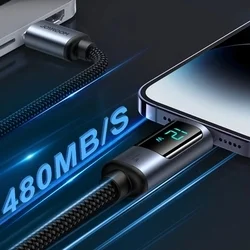 Joyroom A16 kábel - USB / Lightning fekete szövet gyorstöltő kábel, kijelzővel 1,2m, 2,4A-2