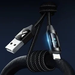 Wozinsky WUALC1 kábel - USB / Lightning fekete szövet gyorstöltő kábel, kijelzővel 1m, 2,4A-1