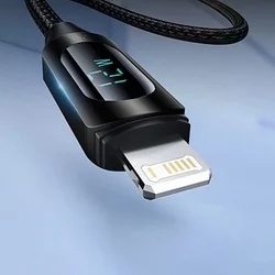 Wozinsky WUALC1 kábel - USB / Lightning fekete szövet gyorstöltő kábel, kijelzővel 1m, 2,4A-2