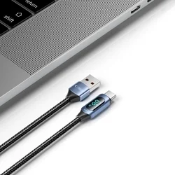 TECH-PROTECT Ultraboost kábel - USB / Type-C (USB-C) fekete szövet gyorstöltő kábel, kijelzővel 1m, 6A/66W-1