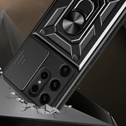 Samsung Galaxy S25 Ultra telefontok - Camshield - fekete szilikon tok, kitámasztó ujjgyűrűvel, csúsztatható kameravédővel-3