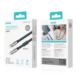 BWOO X310 - 2in1 Type-C / Type-C (USB-C) szövetkábel + tokba helyezhető csuklópánt - fekete, 30cm-3