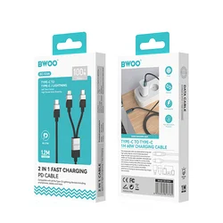 BWOO X306 - 3in1 kábel - Type-C (USB-C) - Lightning / Type-C (USB-C) fekete szövet kábel 100W/27W-3