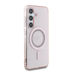 Samsung Galaxy S25 - Guess Classic Logo strasszokkal - pink átlátszó MagSafe kompatibilis hátlap tok-3