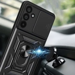 Telefontok Samsung Galaxy A36 5G - Camshield - fekete szilikon tok, kitámasztó ujjgyűrűvel, csúsztatható kameravédővel-2