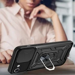 Telefontok iPhone 16e - Camshield - fekete szilikon tok, kitámasztó ujjgyűrűvel, csúsztatható kameravédővel-4