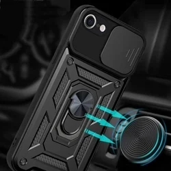 Telefontok iPhone 16e - Camshield - fekete szilikon tok, kitámasztó ujjgyűrűvel, csúsztatható kameravédővel-3