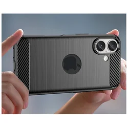 iPhone 16 telefontok - Carbon Fiber - fekete szilikon hátlap tok (Apple logónál kivágással) ﻿-2