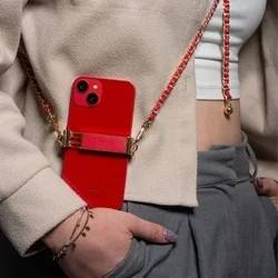 Telefontok: Univerzális - nyakba akasztó telefontartó piros/arany lánccal-10