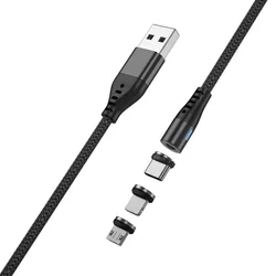 MaxLife MXUC-02 - 3in1 kábel - USB - Lightning / Type-C (USB-C) / MicroUSB cserélhető mágneses fejekkel, fekete szövet kábel 2,A, 1 m-1