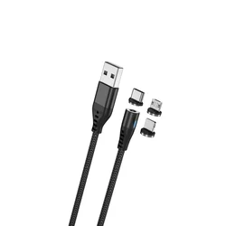MaxLife MXUC-02 - 3in1 kábel - USB - Lightning / Type-C (USB-C) / MicroUSB cserélhető mágneses fejekkel, fekete szövet kábel 2,A, 1 m-2