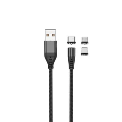 MaxLife MXUC-02 - 3in1 kábel - USB - Lightning / Type-C (USB-C) / MicroUSB cserélhető mágneses fejekkel, fekete szövet kábel 2,A, 1 m-3