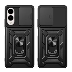 Samsung Galaxy S25 Edge telefontok - Camshield - fekete szilikon tok, kitámasztó ujjgyűrűvel, csúsztatható kameravédővel-1