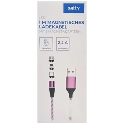 Setty - 3in1 kábel - USB - Lightning / Type-C (USB-C) / MicroUSB cserélhető mágneses fejekkel, pink kábel 2,4A, 1 m-2