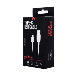 Kábel: MaxLife - USB / Type-C (USB-C) fehér adatkábel 3m, 2A-1