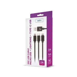 Setty 3in1 kábel - USB - Lightning / Type-C / MicroUSB fekete szövet kábel 2A, 1,2m-1