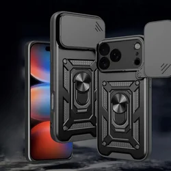 Telefontok iPhone 17 Pro - Camshield - fekete szilikon tok, kitámasztó ujjgyűrűvel, csúsztatható kameravédővel ﻿-4