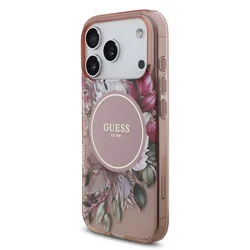 Telefontok iPhone 17 Pro - Guess IML Flowers - virágmintás, pink átlátszó MagSafe kompatilibilis hátlap tok-1