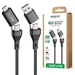 Forever - 4in1 kábel - 2 Type-C (USB-C) / MicroUSB / USB fejekkel, fekete szövet kábel 2,4A, 1,2 m-1