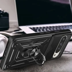 Telefontok Google Pixel 10 Pro - Camshield - fekete szilikon tok, kitámasztó ujjgyűrűvel, csúsztatható kameravédővel-1