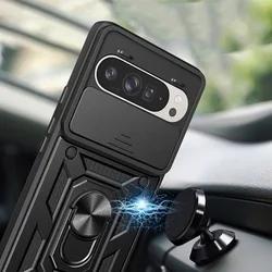 Telefontok Google Pixel 10 Pro - Camshield - fekete szilikon tok, kitámasztó ujjgyűrűvel, csúsztatható kameravédővel-2