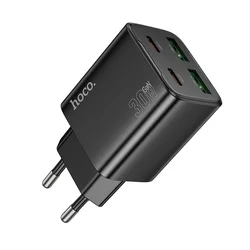 Hoco N56 - 2XUSB / 2XType-C (USB-C) portos fekete hálózati gyors töltőfej, 30W-2