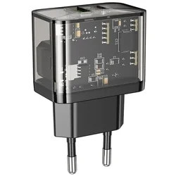 Hoco N34 - USB / Type-C (USB-C) portos átlátszó hálózati gyors töltőfej, 20W-1